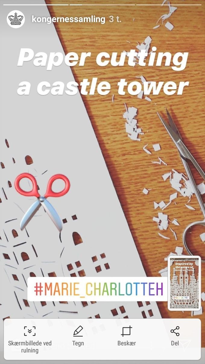 I gang med papirklip af Rosenborg. Her vist på Kongernes Samlings Instagram-Story, oktober 2019