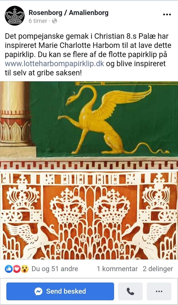 Papirklip med inspiration fra Det Pompejanske Gemak i Christian 8.s Palæ. Her vist på Kongernes Samlings Facebook-side